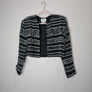 Carmen Marc Valvo Black Beaded Embellished Linen Silk Cropped Bolero Jacket Sz 6